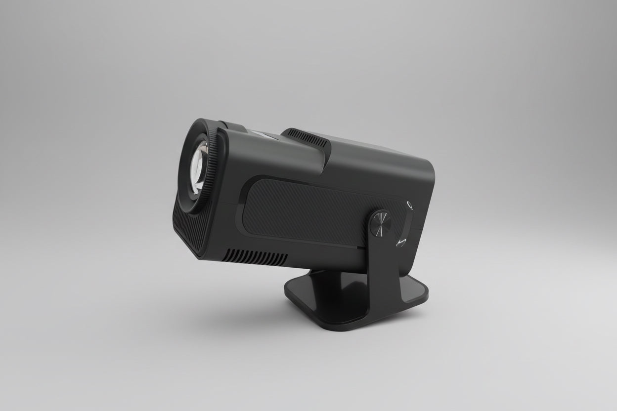 A black portable spotlight with an adjustable stand, featuring control buttons and ports on the side.