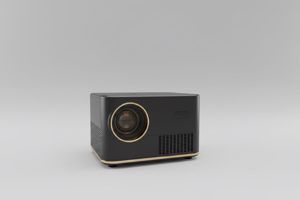 A black and gold monster projector placed on a shelf, with visible ports and lens.