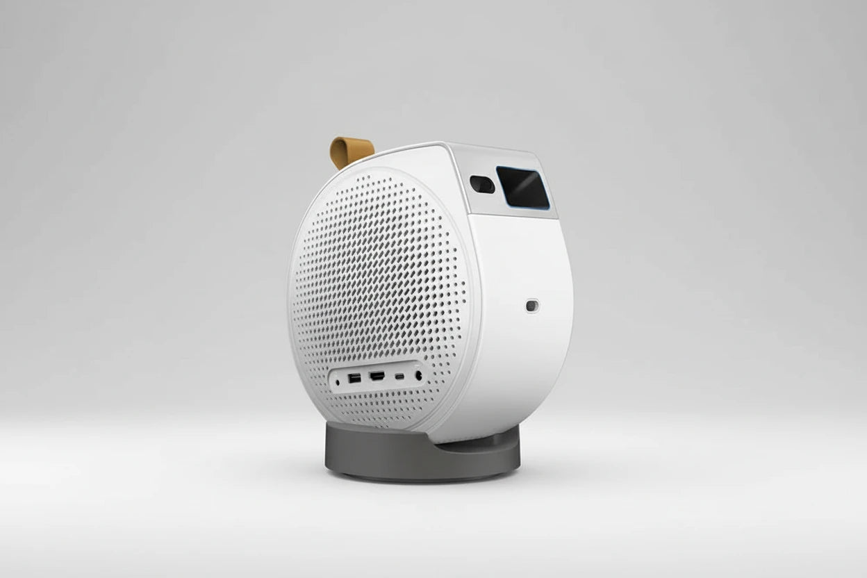 White and gray electronic device with a screen on a white background