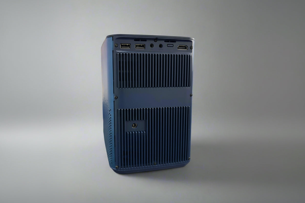 A blue Rocket Smart Pro projector with multiple ports including USB, HDMI, and AV IN.