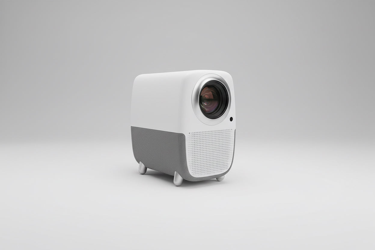A compact white and gray projector on a table, with a visible lens and control buttons on the top surface.