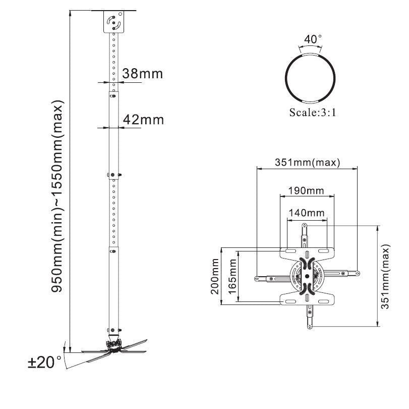 Universal Projector Ceiling Mount (950mm to 1550mm)(For Epson/BenQ/Canon/Panasonic/Dell/Viewsonic/Beamerx/Lumos...)