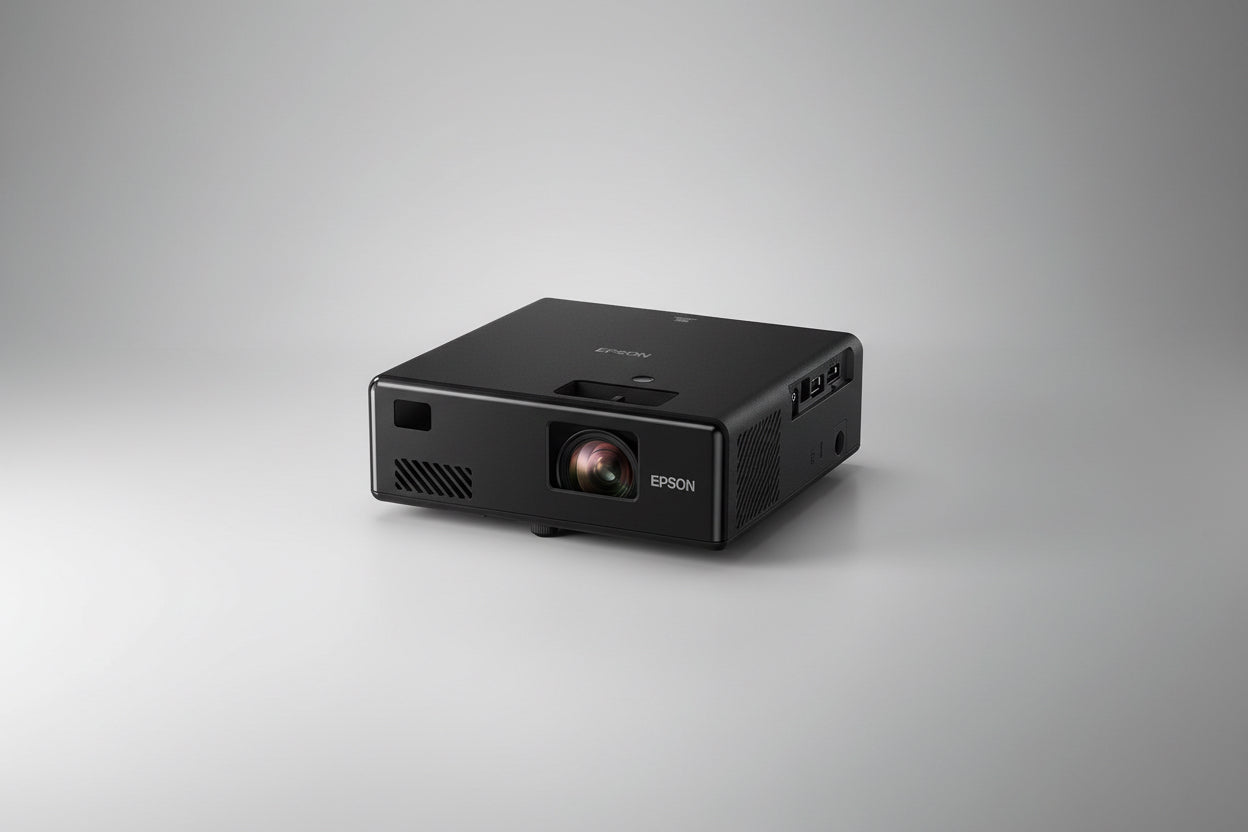 Epson EpiqVision Mini EF-11 Laser Projection TV advertisement image featuring the projector from different angles with a white screen, highlighting its Singapore seller and ready stock availability.