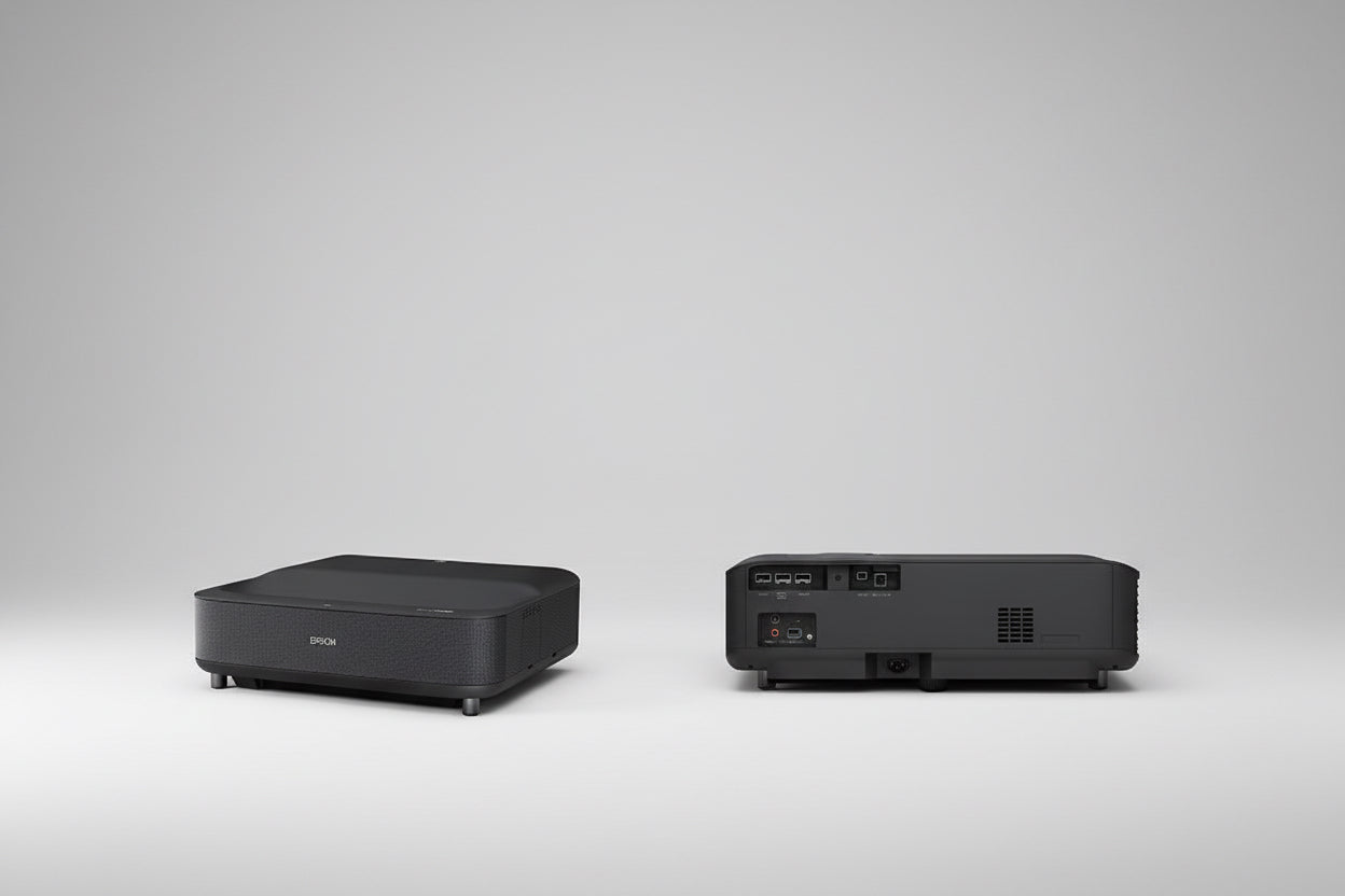 Epson EpiqVision Ultra EH-LS300B UST Full HD Laser Projector, showing the projector from different angles, including a close-up of the lens and the product packaging.