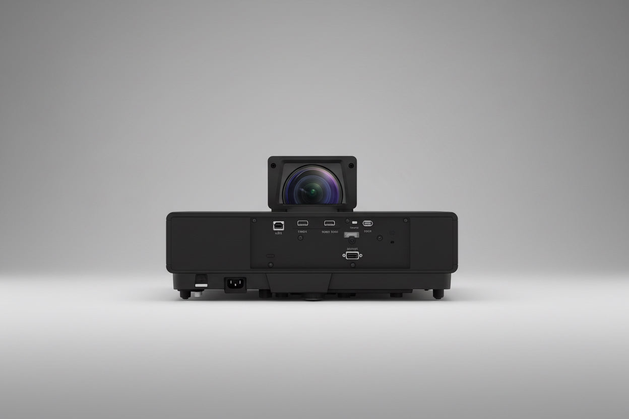 An image showing an Epson EH-LS500B 4K PRO-UHD Laser Ultra Short Throw Home Cinema Projector with a Singaporean flag indicating the local availability. The image includes a black projector box and a graphic showing a projected image on a screen.