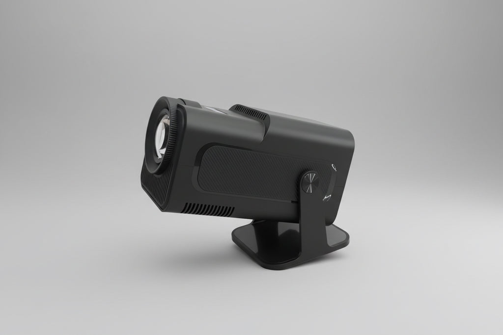 A black portable spotlight with an adjustable stand, featuring control buttons and ports on the side.
