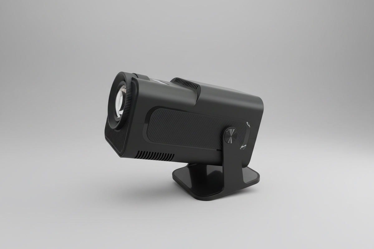 A black portable spotlight with an adjustable stand, featuring control buttons and ports on the side.