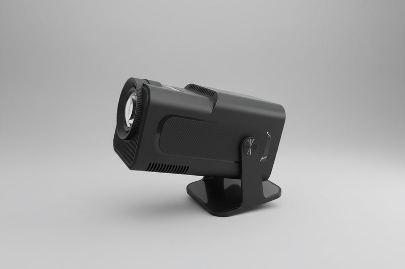 A black portable spotlight with an adjustable stand, featuring control buttons and ports on the side.