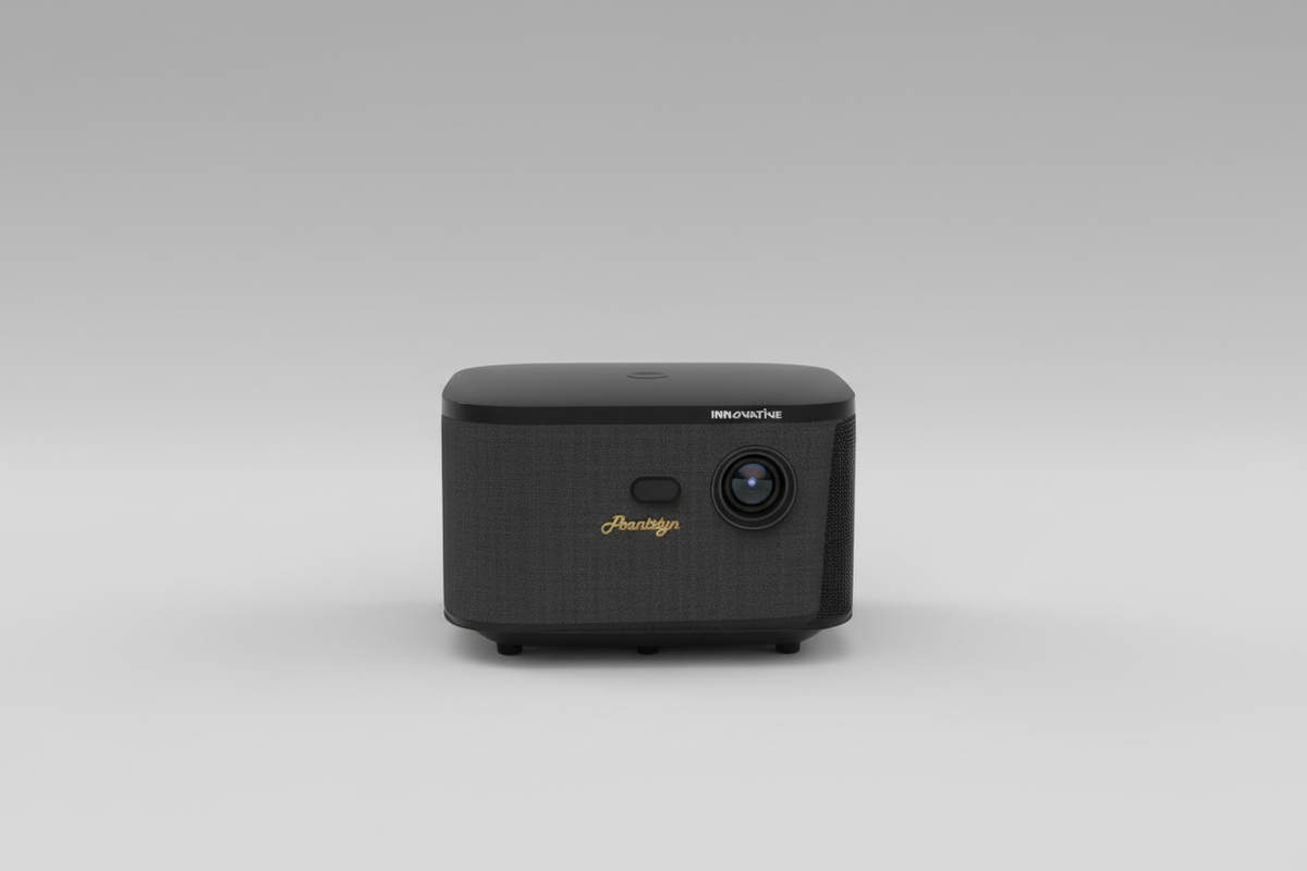 A black INNOVATIVE Annistyn 4K Smart 3D Projector with a built-in Google TV 4K logo, placed on a wooden surface with a blurred Christmas tree and gifts in the background.