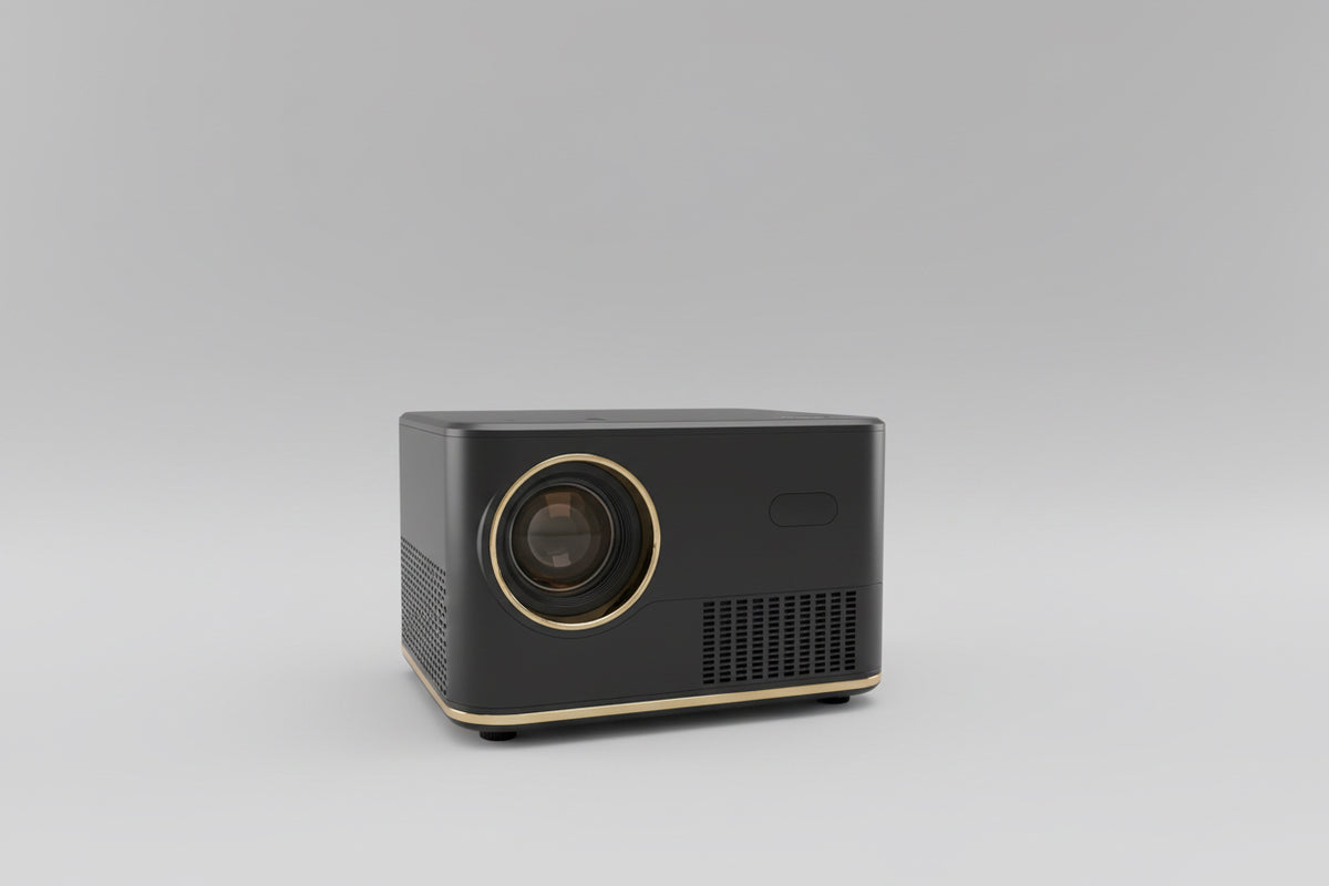 A black and gold monster projector placed on a shelf, with visible ports and lens.