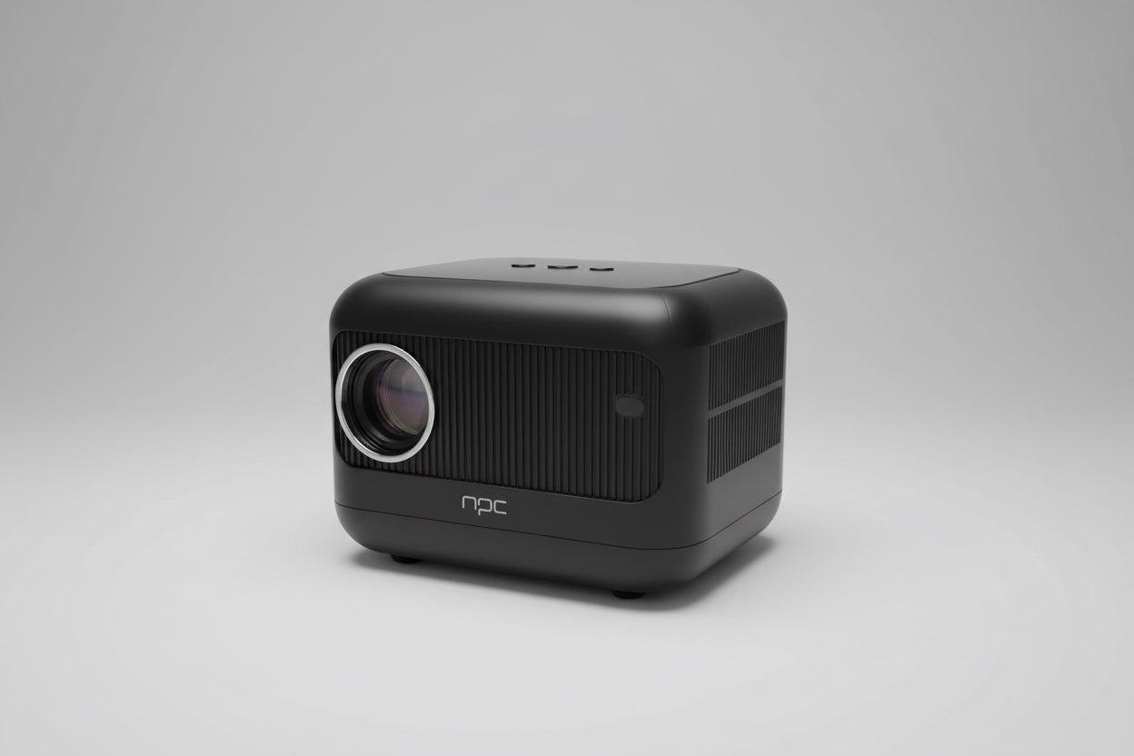 A compact NPC projector placed on a wooden surface, with a visible lens on the front and the brand name on the side.