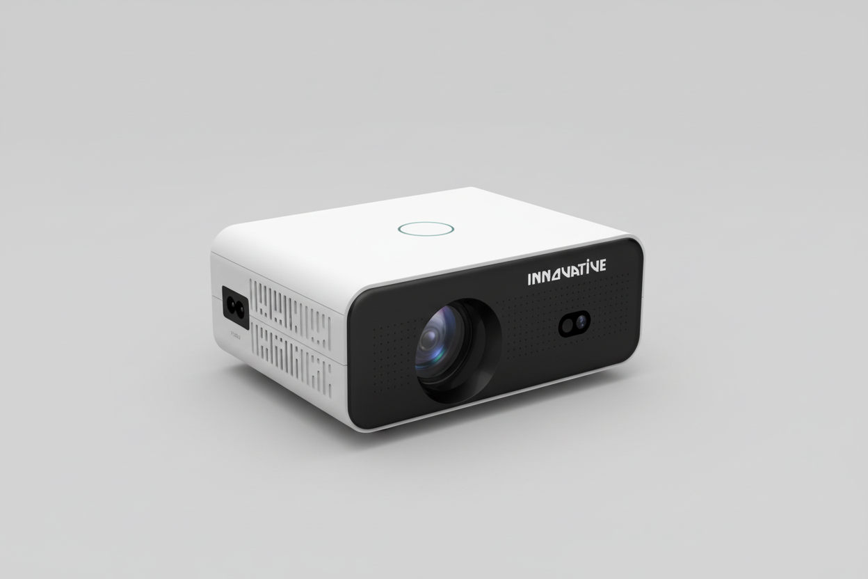 A small white INNOVATIVE Mini Ray Home Cinema Short Throw Projector with a short throw lens and keystone correction features, displayed against a promotional backdrop with text highlighting streaming services support.