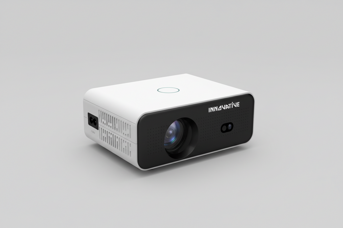 A small white INNOVATIVE Mini Ray Home Cinema Short Throw Projector with a short throw lens and keystone correction features, displayed against a promotional backdrop with text highlighting streaming services support.