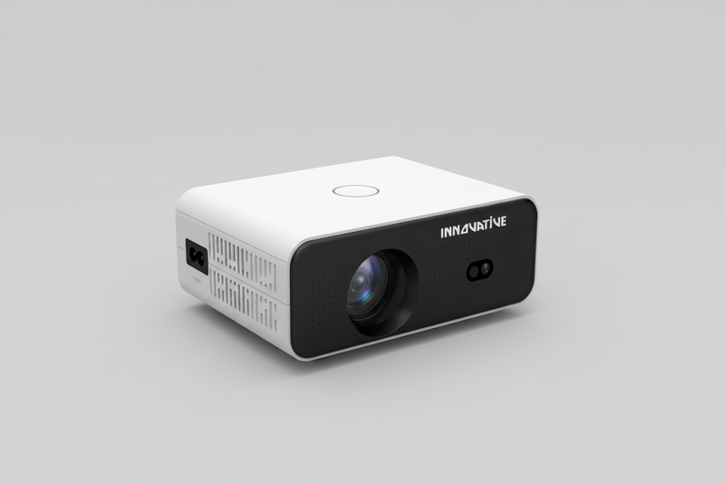 A small white INNOVATIVE Mini Ray Home Cinema Short Throw Projector with a short throw lens and keystone correction features, displayed against a promotional backdrop with text highlighting streaming services support.