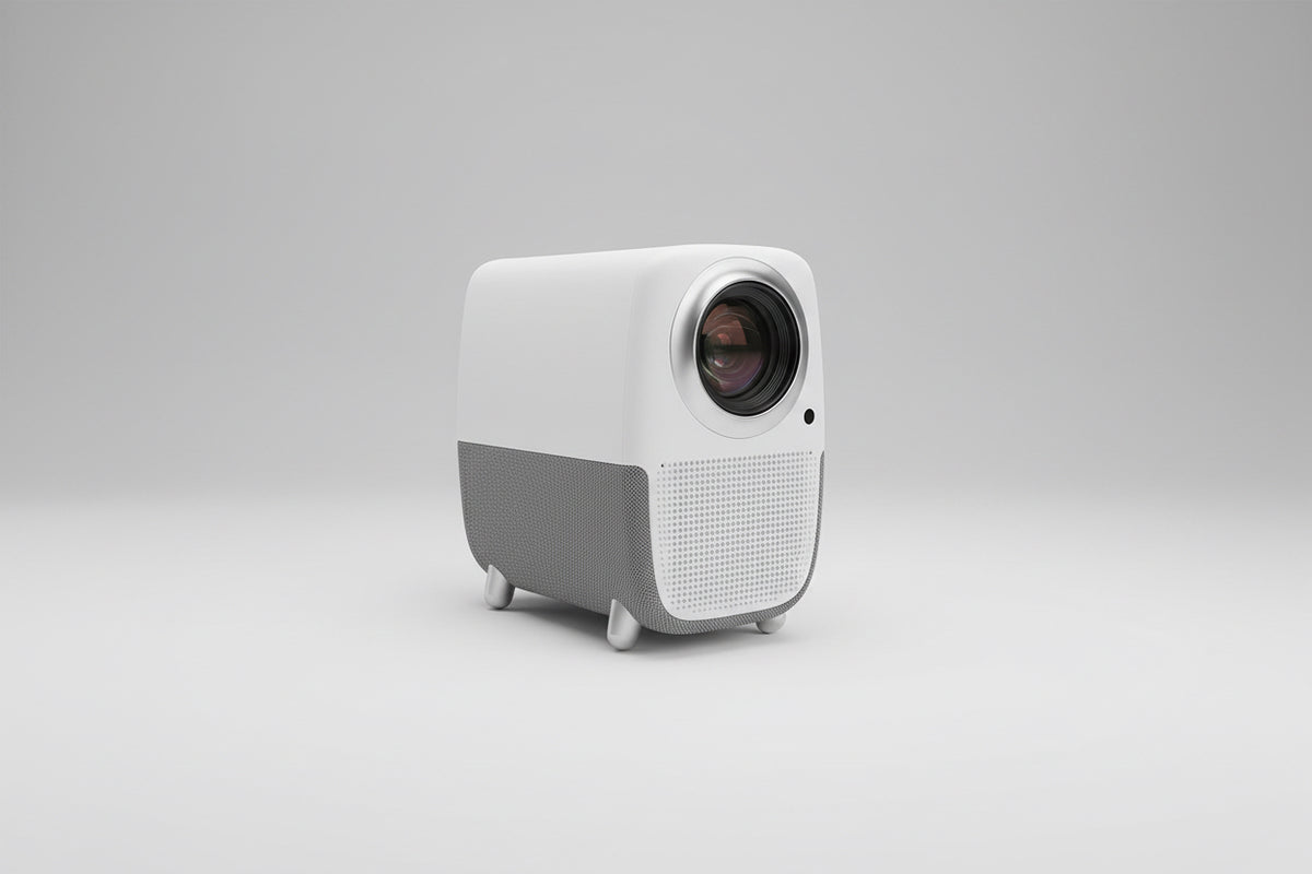 A compact white and gray projector on a table, with a visible lens and control buttons on the top surface.