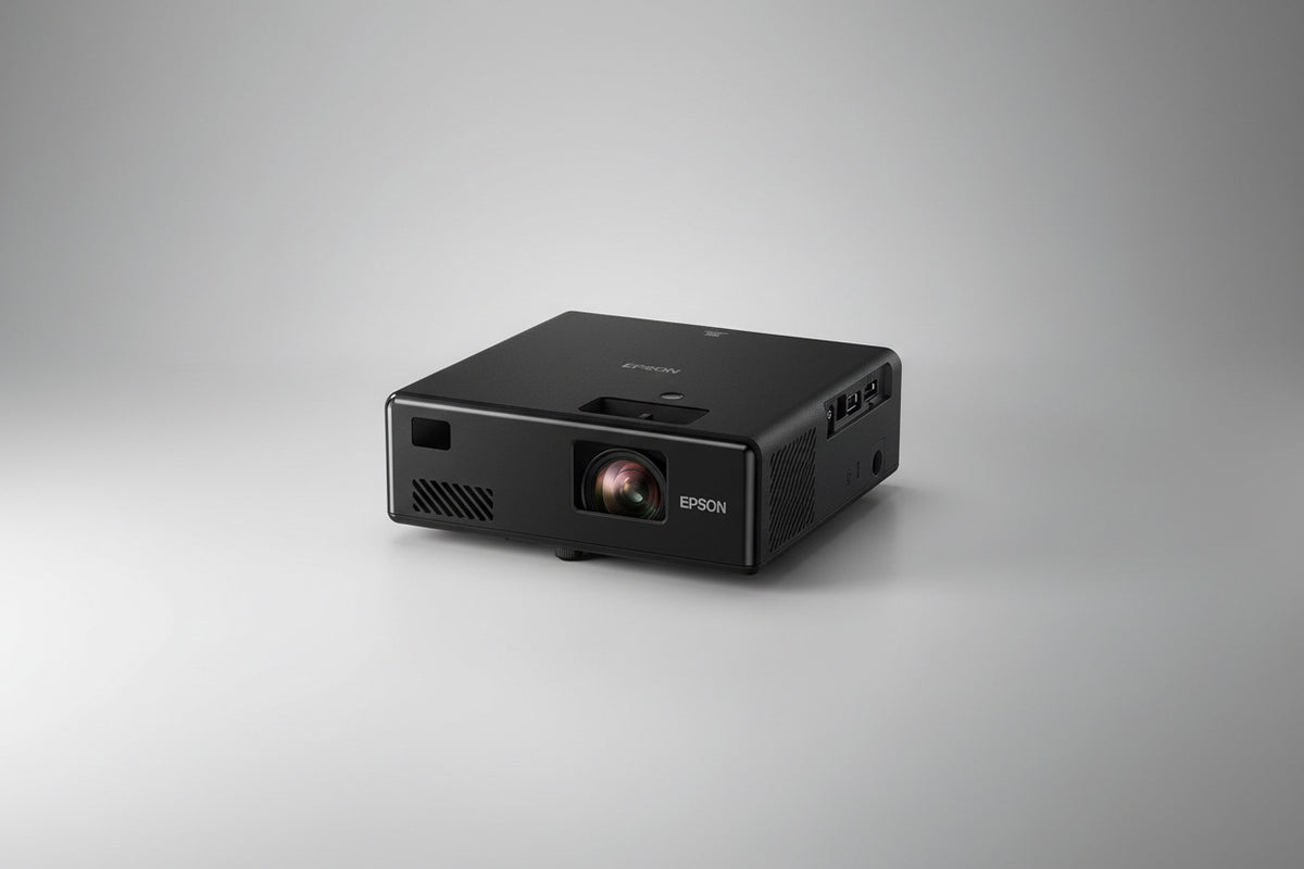 Epson EpiqVision Mini EF-11 Laser Projection TV advertisement image featuring the projector from different angles with a white screen, highlighting its Singapore seller and ready stock availability.