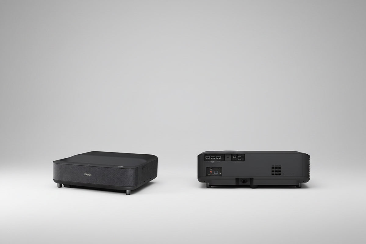 Epson EpiqVision Ultra EH-LS300B UST Full HD Laser Projector, showing the projector from different angles, including a close-up of the lens and the product packaging.
